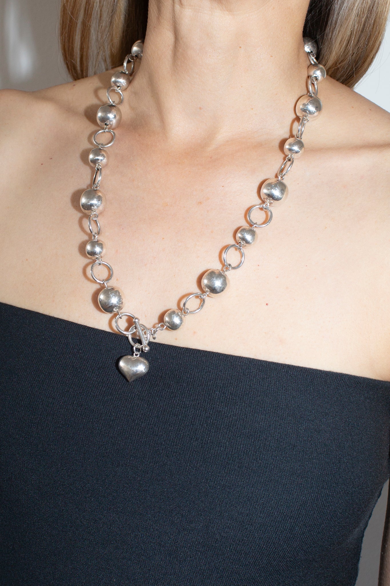 90s Sterling Silver Ball & Heart Necklace