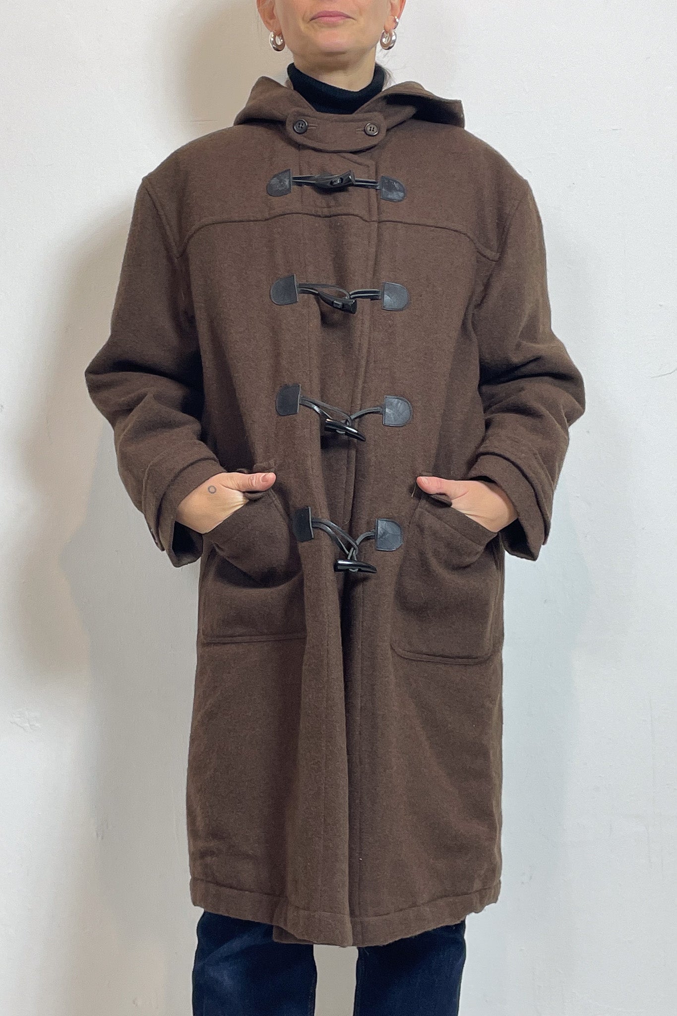 1990s Brown Wool Blend Hooded Duffle Coat
