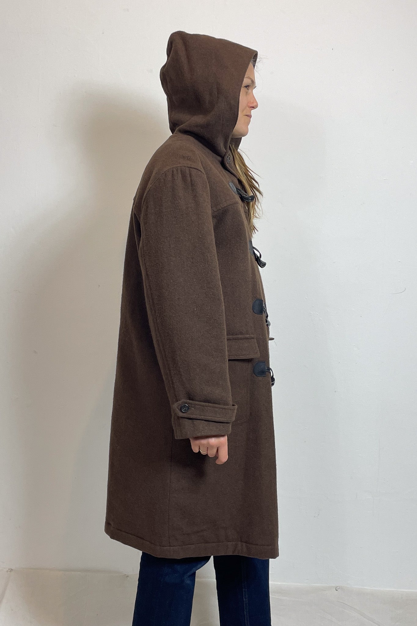 1990s Brown Wool Blend Hooded Duffle Coat