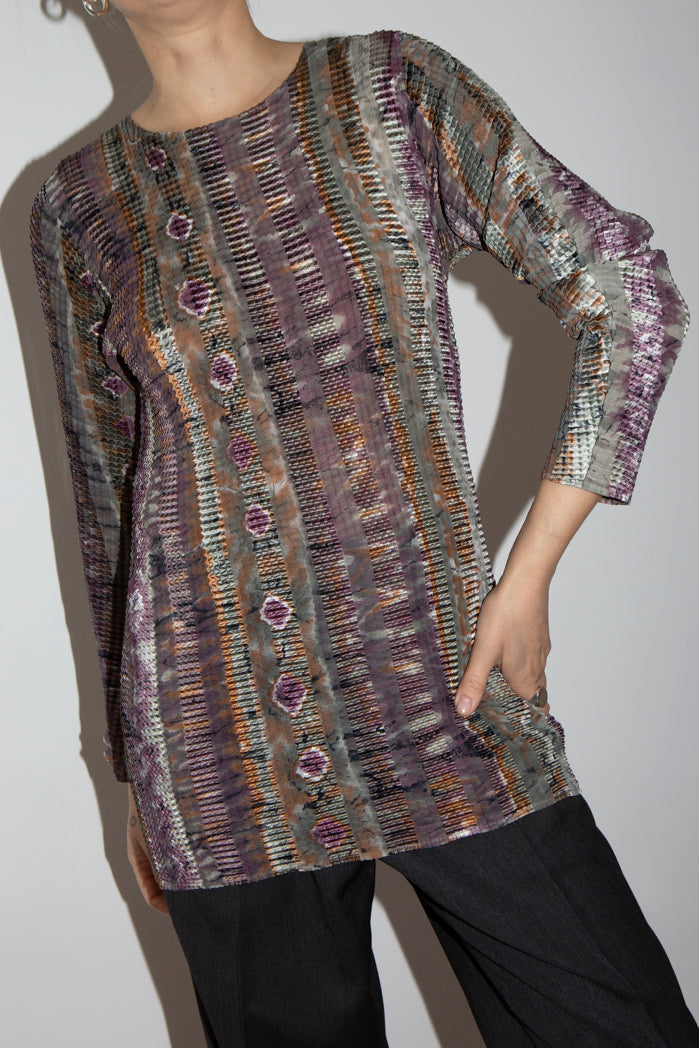 Printed Plisse Pleated Long Sleeve
